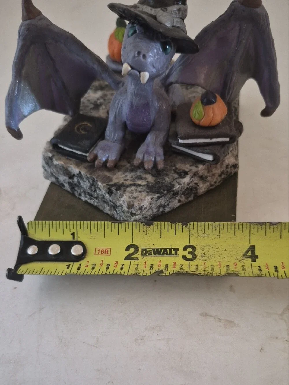Lavender Dragon Figurine Wearing Witch Hat with Books And Pumpkins